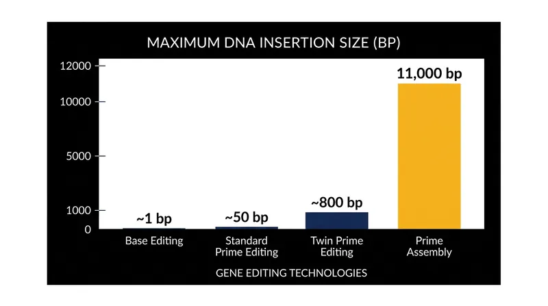 Prime assembly shatters previous size limits, enabling the insertion of sequences up to 11,000 base pairs long.