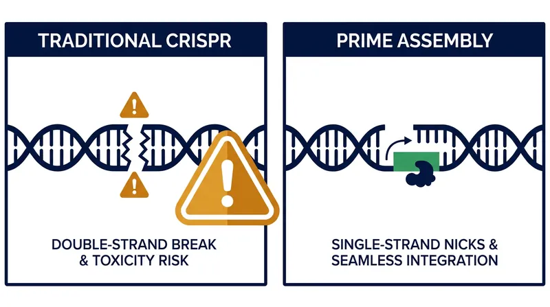 Unlike traditional CRISPR, prime assembly avoids toxic double-strand breaks by using complementary single-stranded flaps.