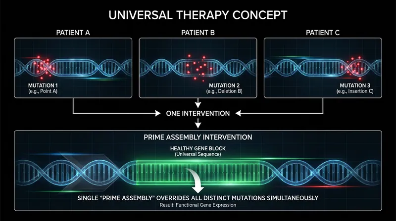 By replacing entire genes, prime assembly could offer a single universal treatment for diseases caused by hundreds of different mutations.