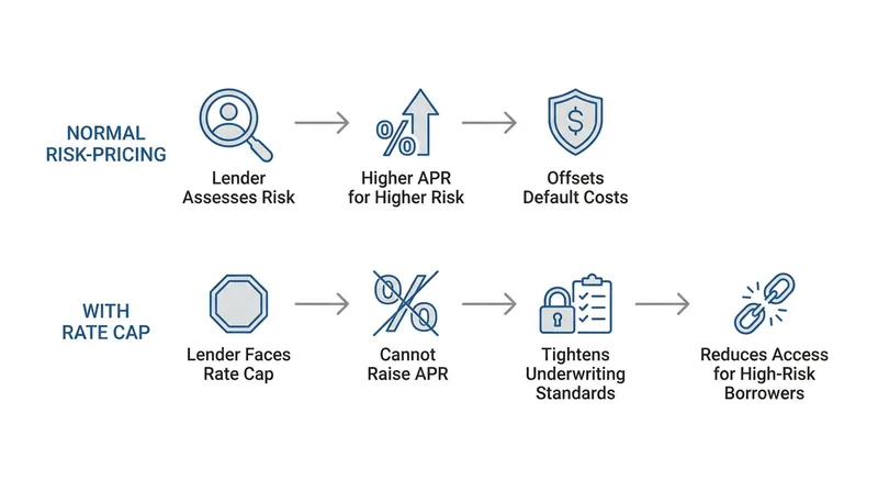 When interest rates are capped, lenders typically respond by restricting access to credit for riskier borrowers.