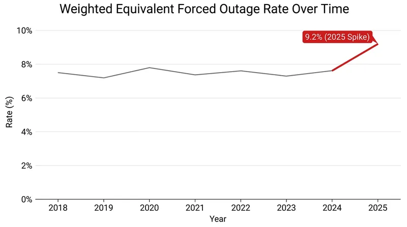 The forced outage rate for bulk power systems spiked well above historical norms in 2025.