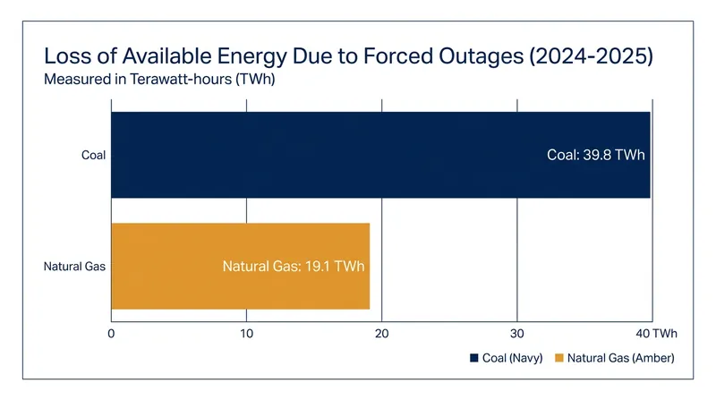 Forced outages significantly reduced the availability of traditional thermal generation in 2025.