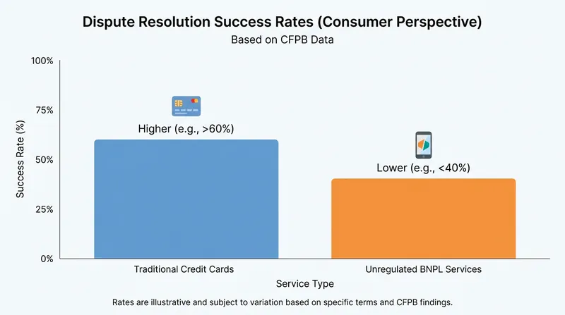 Federal data shows BNPL users historically struggled to resolve merchant disputes compared to credit card users.