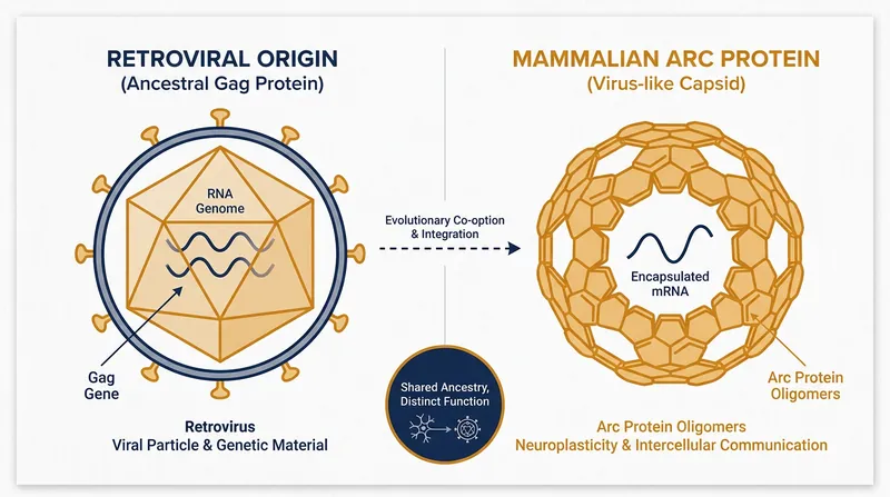 The Arc protein is derived from an ancient retrovirus, allowing it to form virus-like capsids to transport material between cells.