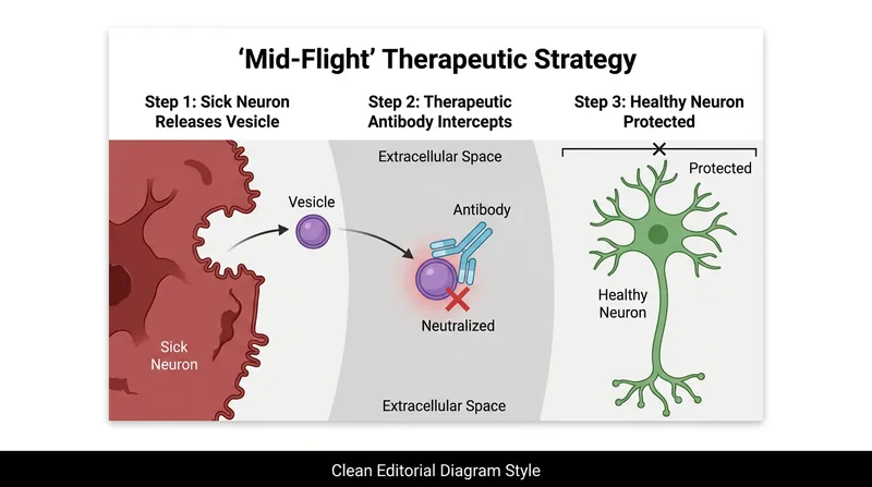 Future therapies aim to intercept Tau-carrying vesicles in the space between neurons, halting the spread without harming the original cell.