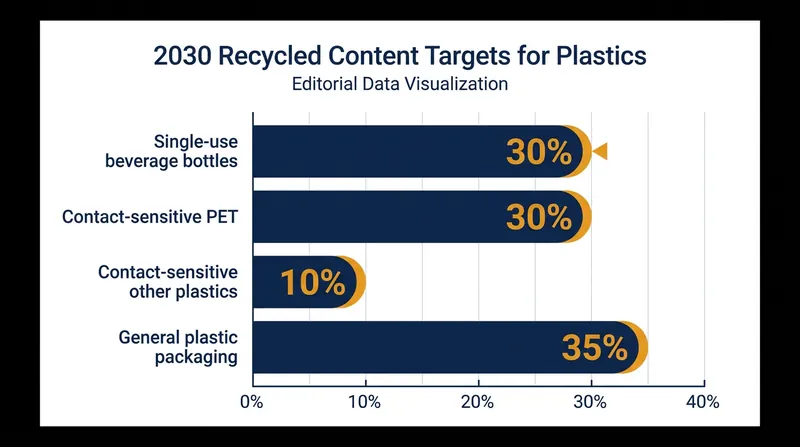 Mandatory minimum recycled content quotas for plastic packaging taking effect in 2030.
