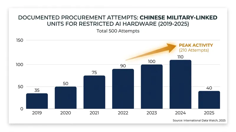 Documented procurement attempts for restricted AI hardware by military-affiliated entities.