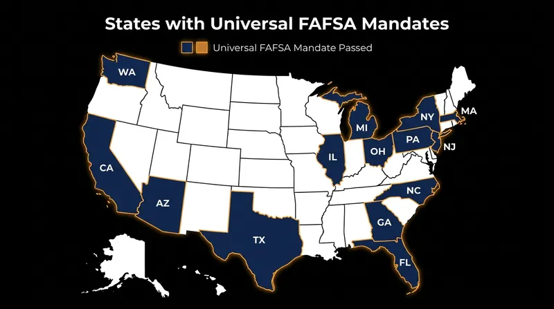 The growing map of states that have implemented Universal FAFSA policies.