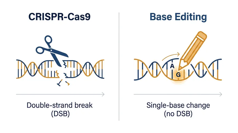 Unlike traditional CRISPR, base editing does not sever the DNA double helix, drastically reducing the risk of unintended mutations.