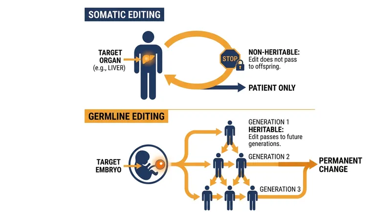 Germline edits made to an embryo are passed down to all future generations, unlike somatic edits which only affect the individual patient.