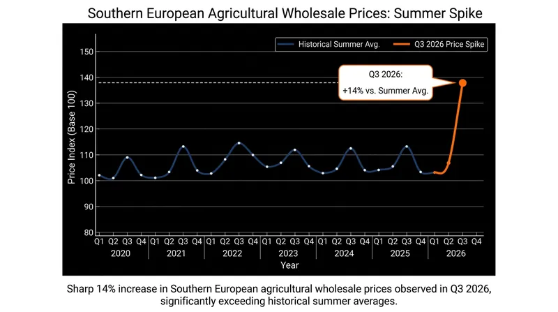 Crop failures across the Mediterranean are projected to drive a 14% surge in wholesale agricultural prices.