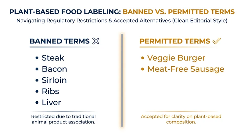 The EU has strictly defined 'meat,' banning 31 traditional terms from plant-based packaging while exempting burgers and sausages.
