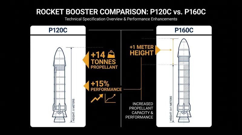 The P160C booster upgrade adds 14 tonnes of solid propellant, increasing the rocket's payload capacity by up to 15 percent.