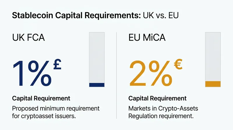 The FCA halved its proposed capital requirement for stablecoin issuers to 1%, undercutting the EU's MiCA regime.