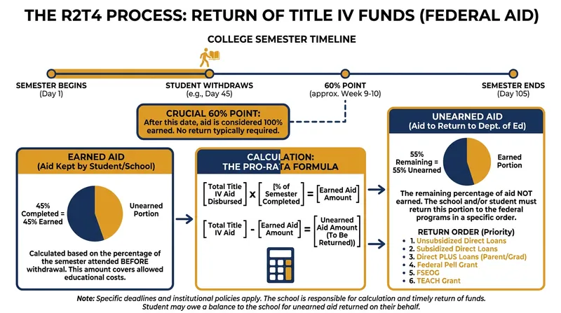 How the Return of Title IV (R2T4) process requires schools to return unearned federal aid when a student withdraws.