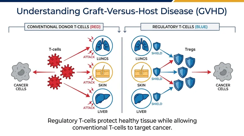 How regulatory T-cells (Tregs) prevent donor immune cells from attacking healthy tissue.