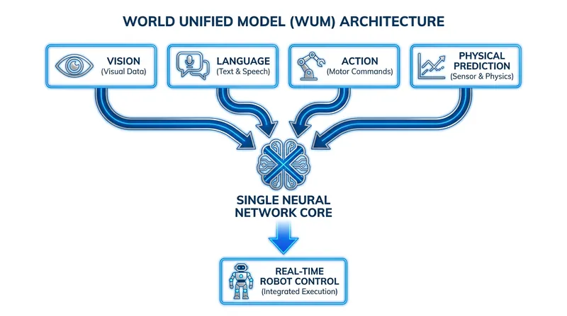 Unlike modular systems, the WALL-B foundation model trains perception, language, and action simultaneously in a single network.