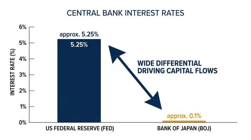 The massive gap in borrowing costs between the U.S. and Japan continues to drive capital out of the yen.