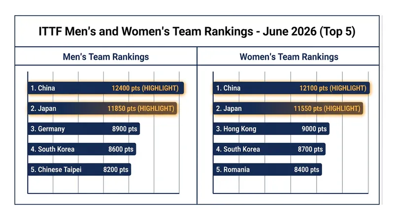 China and Japan maintain a firm grip on the top two spots in both the Men's and Women's global team rankings.