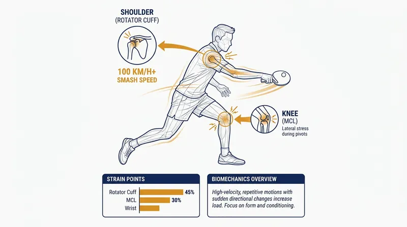The modern table tennis swing places immense torque on the rotator cuff and knee ligaments.