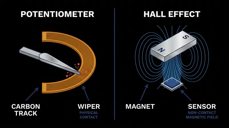Unlike traditional joysticks that rely on physical scraping, Hall Effect sensors measure magnetic fields without any physical contact.