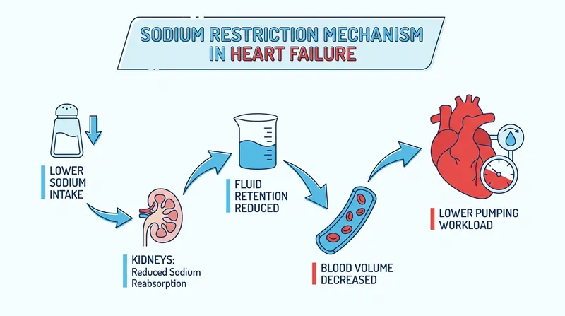 Strict sodium restriction helps prevent fluid overload, a primary driver of heart failure symptoms and hospitalizations.