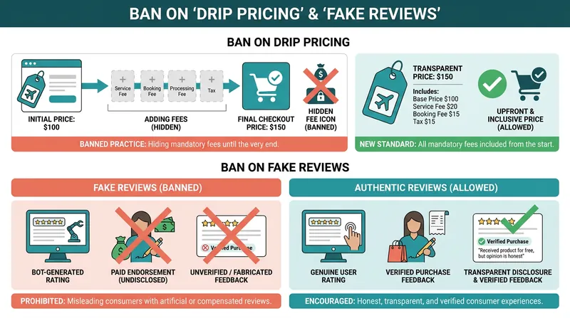 New consumer protection rules mandate transparent upfront pricing and place the burden of policing fake reviews on hosting platforms.