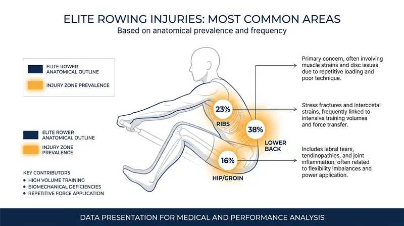 Lower back and rib stress injuries account for the majority of lost training days in elite rowing.