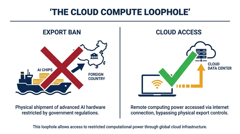 While physical chip exports are heavily restricted, adversaries have historically bypassed bans by renting compute remotely.