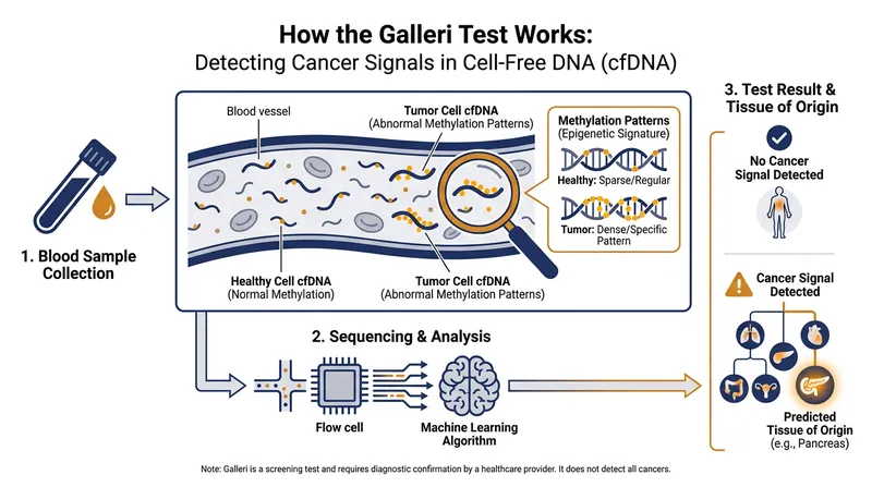 The Galleri test detects abnormal methylation patterns on cell-free DNA shed by tumors.