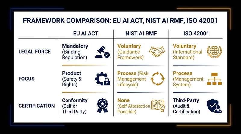A side-by-side comparison of the three dominant AI governance frameworks.
