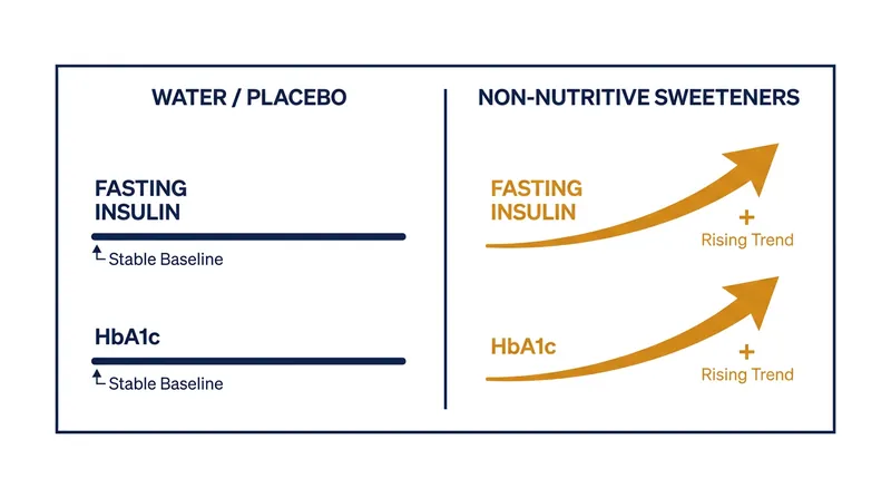 When compared directly to water, non-nutritive sweeteners were shown to raise fasting insulin and HbA1c levels.