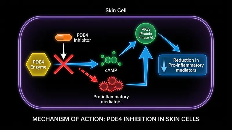 By inhibiting the PDE4 enzyme, roflumilast reduces the production of pro-inflammatory mediators that drive psoriasis plaques.