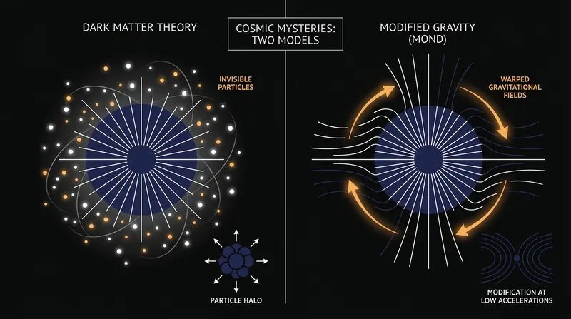 The theoretical divide: invisible particles versus a fundamental rewrite of the laws of gravity.