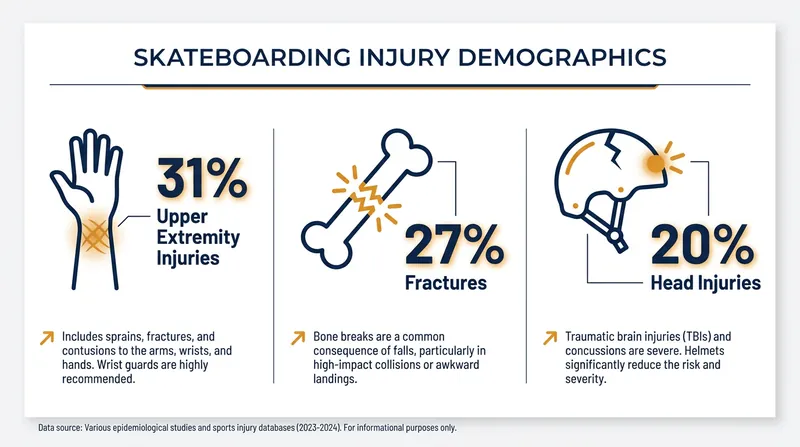 Upper extremity injuries and fractures make up the majority of severe skateboarding incidents.
