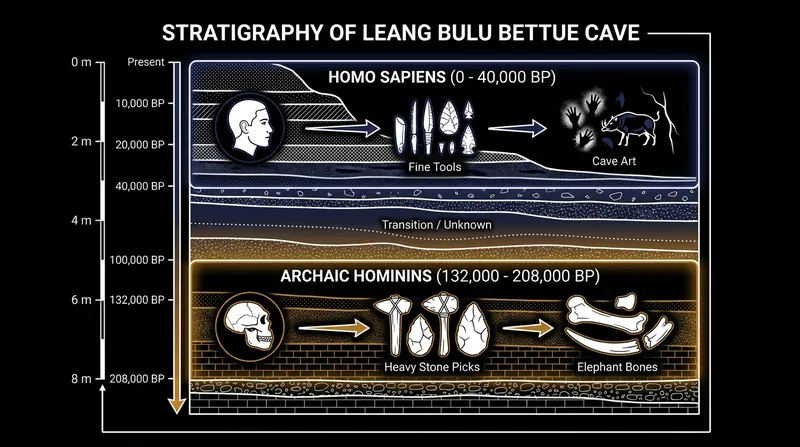 The stratigraphic layers of Leang Bulu Bettue show a distinct technological shift around 40,000 years ago.