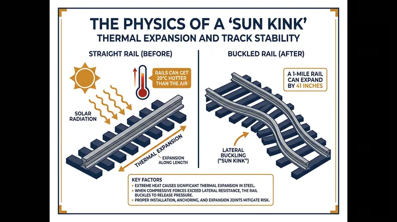How thermal expansion causes perfectly straight steel rails to warp laterally.
