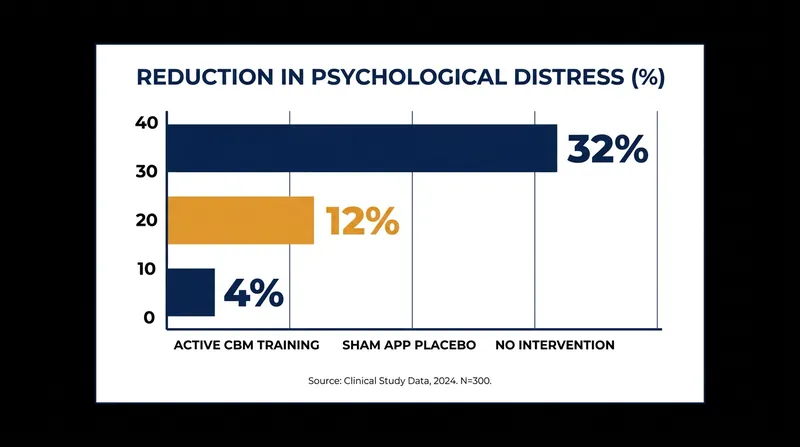 Participants using the active cognitive training app saw a 32% reduction in distress, far outpacing the placebo group.