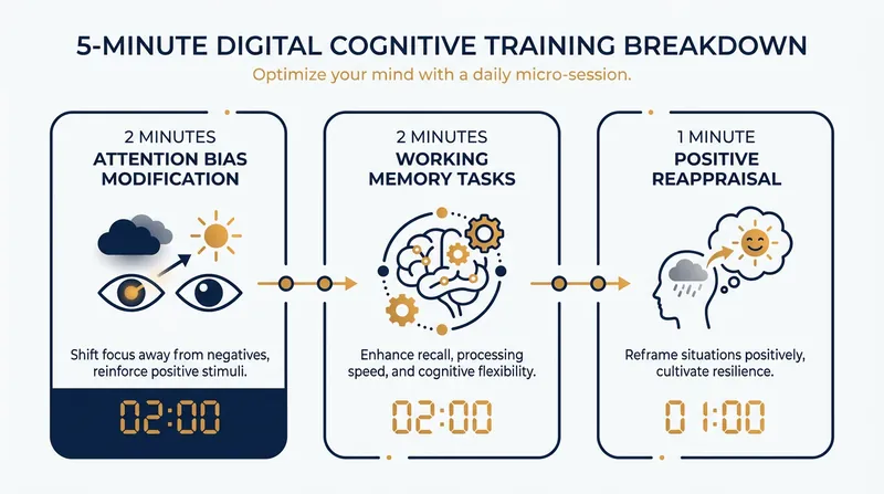 A typical five-minute cognitive bias modification (CBM) protocol actively targets the brain's attention networks.