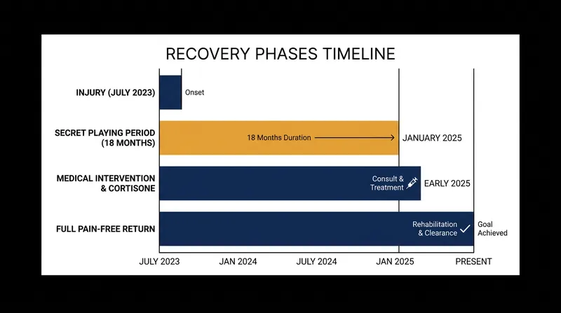 Van den Bergh's timeline from the initial furniture accident to his pain-free return.