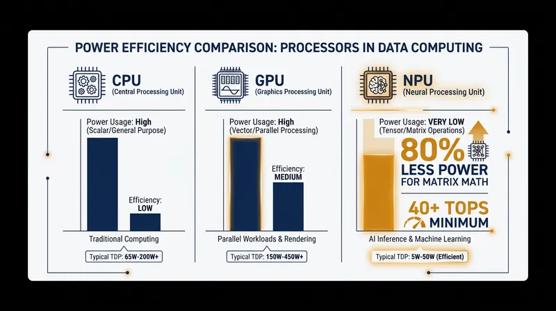 NPUs handle specific mathematical operations at a fraction of the power required by traditional processors.