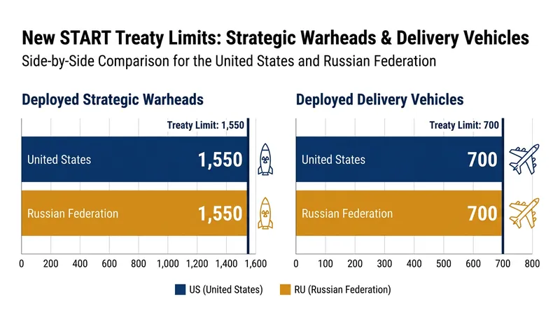 The New START treaty capped both nations at 1,550 deployed strategic warheads and 700 deployed delivery vehicles.