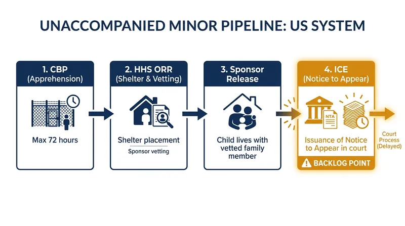 The bureaucratic pipeline: The backlog occurs at the final step, when ICE is required to issue a court summons to a child already living with a sponsor.