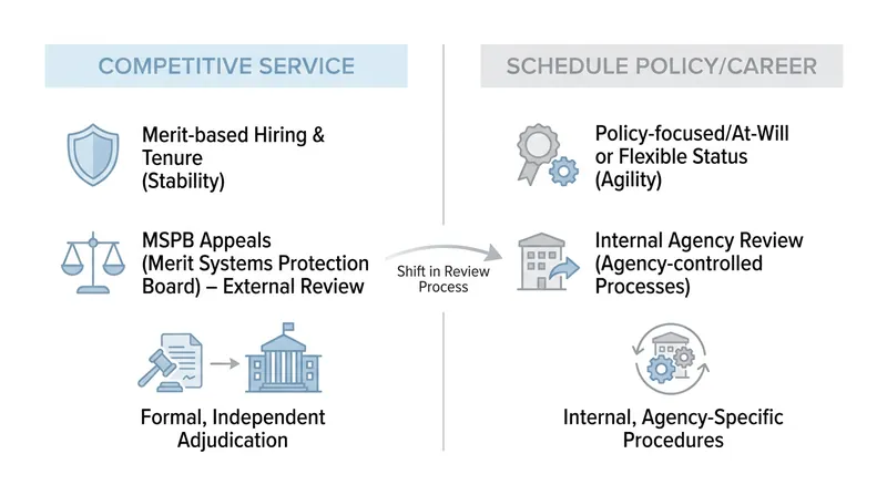 How procedural protections change under the new Schedule Policy/Career classification.