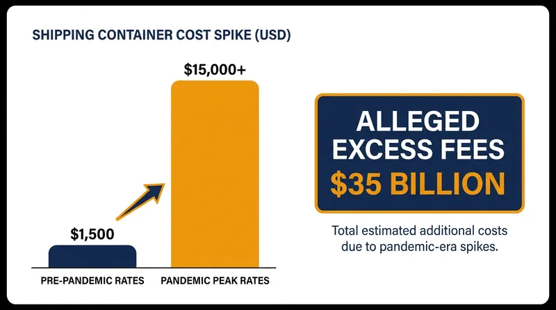 Shipping rates surged by over 1,000% during the pandemic, extracting billions in excess costs from the supply chain.
