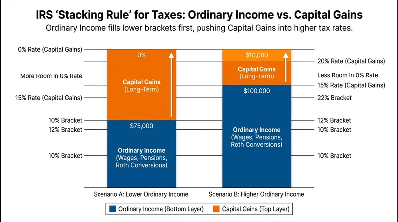 The IRS stacking rule dictates that ordinary income is counted first, which can quickly push capital gains out of the 0% bracket.