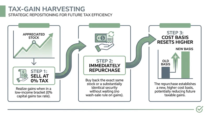 Unlike tax-loss harvesting, the IRS wash-sale rule does not apply to gains, allowing investors to immediately repurchase the same asset.