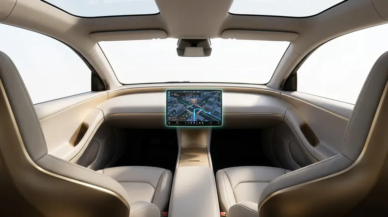 The minimalist interior of the Cybercab relies entirely on a central touchscreen for passenger information.