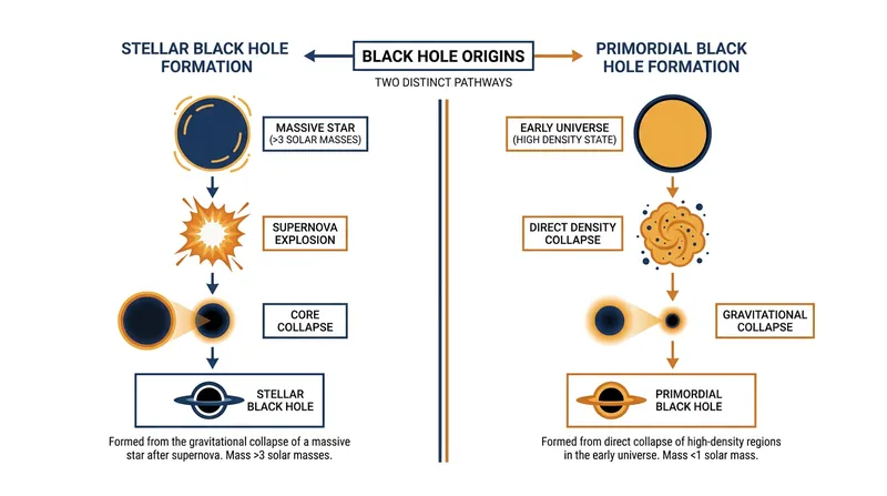 Unlike stellar black holes, primordial black holes formed directly from dense matter in the early universe.