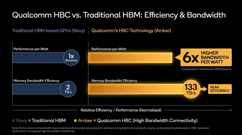 Qualcomm projects its HBC architecture will deliver up to six times the memory bandwidth per watt of current systems.